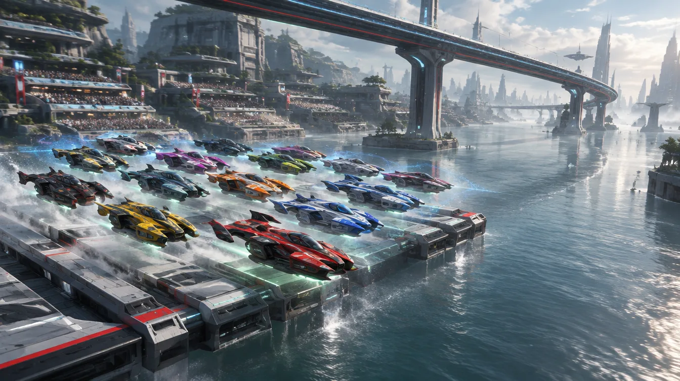 Enam belas skimmer berbagai livery lepas dari grid start terapung di kanal lebar, di bawah viaduk rel magnet dan tribun di gedung tenggelam.